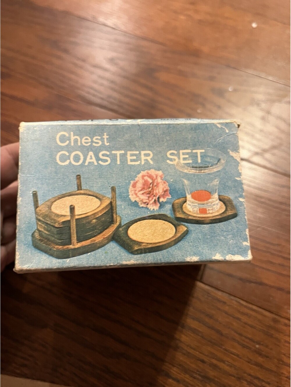 Vintage Set of 6 Wood & Cork Coasters w/ Wooden Box Holder